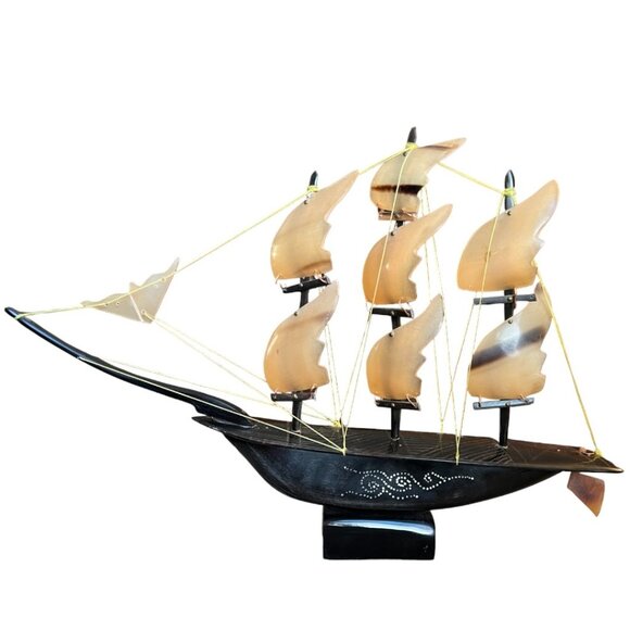 Rare! Large Vtg Bone and Horn Sailboat Hand-Engraved Inlay 17.5" long x 12" tall - Picture 1 of 14